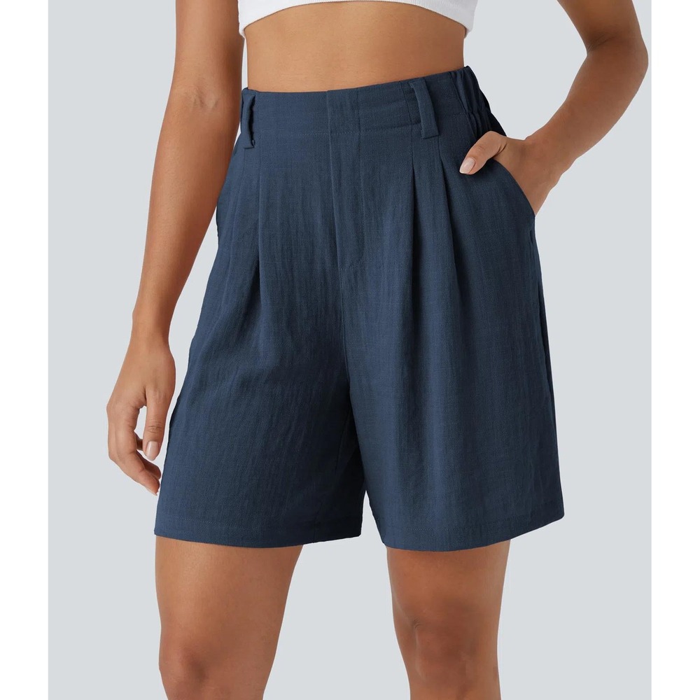Halara Womens High Waisted Pleated Linen Blend Shorts Black Size M NWT